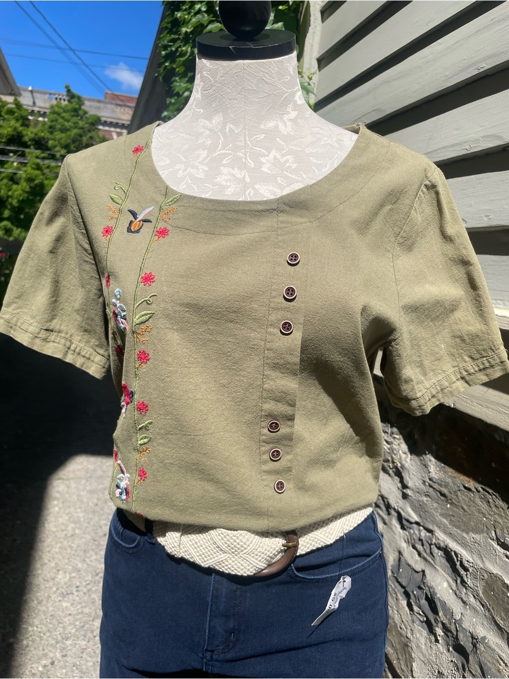 Olive Green Embroidered Short-Sleeve Women's Top